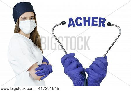 Health Care And Medicine Concept. The Doctor Is Holding A Stethoscope, In The Middle There Is A Text