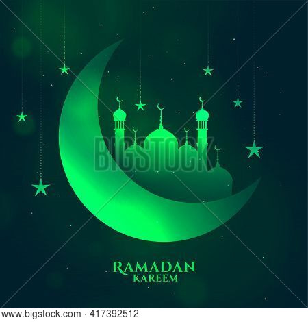 Greem Ramadan Kareem Shiny Background With Moon And Mosque