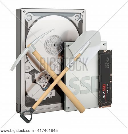 Mining Or Farming Concept. Solid State Drive Ssd, Hard Disk Drive Hdd And M2 Ssd With Crossed Pickax