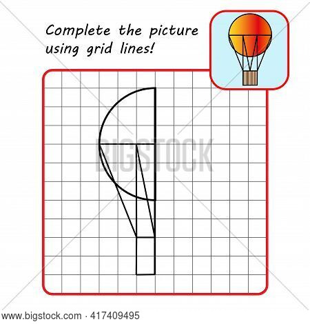 Educational Game For Kids. Simple Exercise. Balloon. Drawing Using Grid. Symmetrical Drawing. Vector
