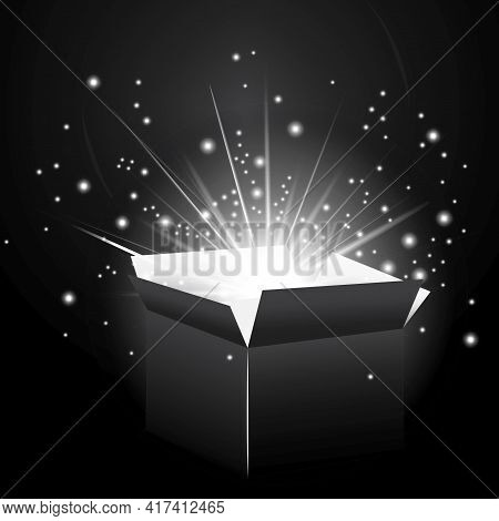 Shine Box In Cartoon Style On Black Background. Open Gift Box. Vector Illustration. Stock Image. Eps