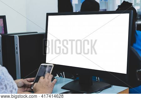 Blank Screen Computer. Asian Teacher Groups Training Technology Or Coding Application In Smartphone 