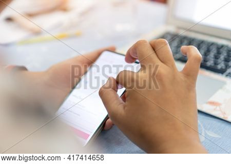 Hands Teacher Using Application Smartphone At Computer Desktop In Training Technology Coding For Dev