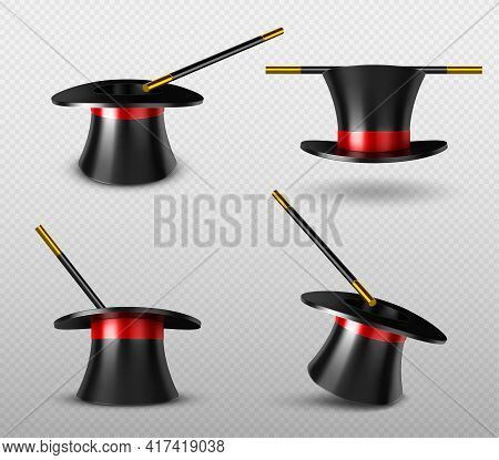Magician Hat And Magic Wand For Circus Show. Illusionist Black Cylinder And Golden Stick For Tricks 