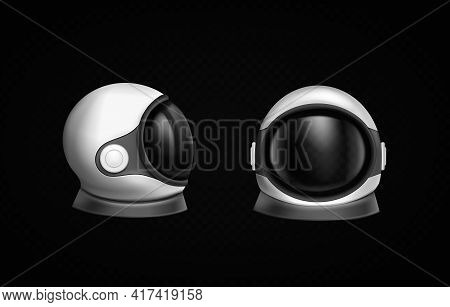 Astronaut Helmet, Cosmonaut Space Suit Front And Side View Isolated On Black Background. Pilot Costu