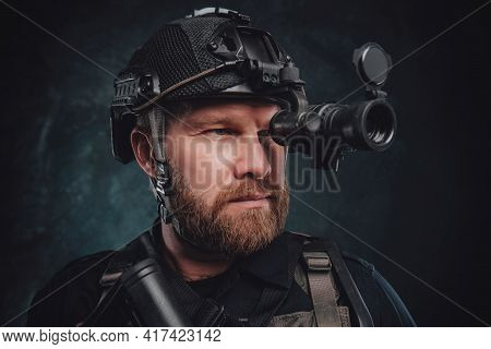 Modern Soldier Looks In Night Vision Device Inbuilt In His Helmet