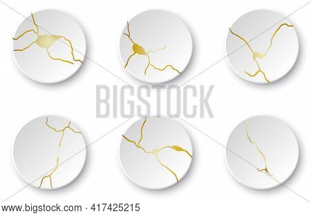 Gold Kintsugi Cracks Set. Broken And Crack Effect, Craquelure And Damaged Texture. Vector Illustrati