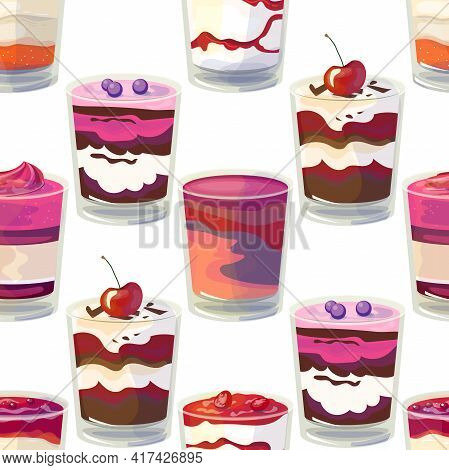 Seamless Pattern With Traditional English Dessert Trifle. Endless Texture With Sweet Cake, Fruits An