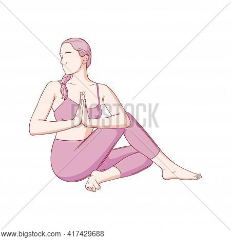 Yoga Woman With Namaste In Lord Of The Fishes Pose. Stretching And Relaxing Yoga Asana. Colored Sket