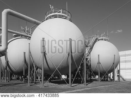 Ball Air Gasholder Of The Control And Measuring Device. Black And White Photo