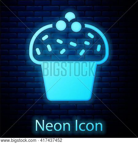 Glowing Neon Cake Icon Isolated On Brick Wall Background. Happy Birthday. Vector