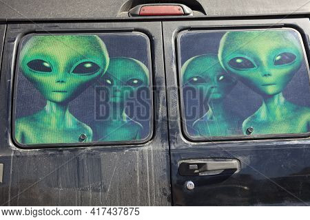 Area 51, Nevada / Usa - August 18, 2015: Rear Of Painted Camper With Alien Picture, Area 51, Nevada,