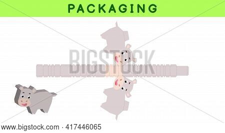Party Favor Box Die Cut Hippo Design For Sweets, Candies, Small Presents, Bakery. Package Template, 