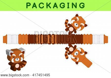Party Favor Box Die Cut Red Panda Design For Sweets, Candies, Small Presents, Bakery. Package Templa