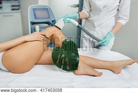 Hair Removal On Female Legs, Laser Epilation At A Beauty Clinic. Woman With Monstera Leaf While Legs