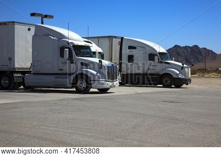 Nevada / Usa - August 22, 2015: Truks Near A Gas Station At The Area 51 Alien Center In The Nevada D