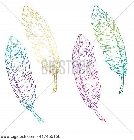 Set Of Multicolored Feathers. Bright Gradient. Vector Illustration. Isolated Objects On A White Back