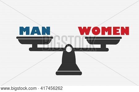 Man Equal To Woman On A Scale Gender Equality Concept Design. Vector Illustration In Flat Style
