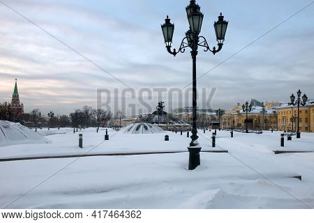 Moscow, Russia - Jan 17, 2021: Manezhnaya (manezhnaya) Square In Winter In Moscow, Russia. Panoramic