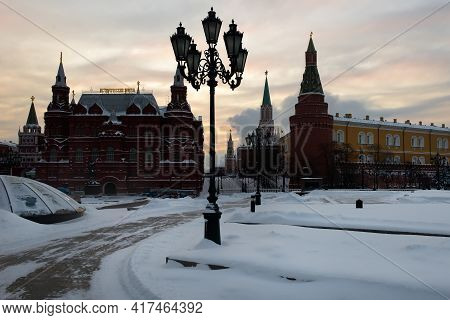 Moscow, Russia - Jan 17, 2021: Manezhnaya (manezhnaya) Square In Winter In Moscow, Russia. Panoramic