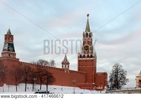 Spasskaya Tower Of The Moscow Kremlin On A Frosty Winter Morning