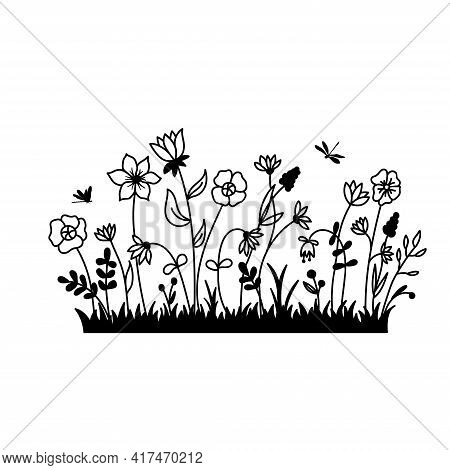 Vector Wild Herbs And Flowers Silhouette Background. Field With Grass And Wildflowers Isolated On A 