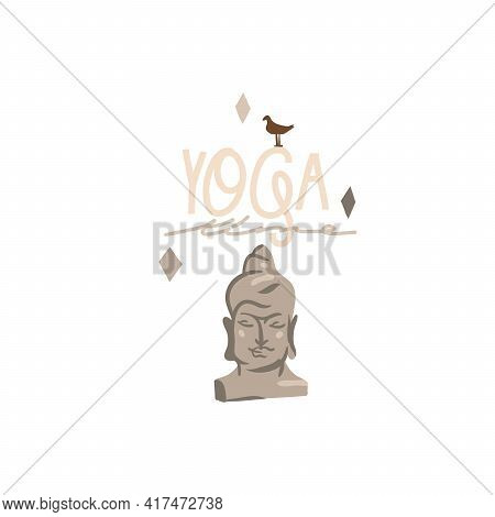 Hand Drawn Vector Abstract Stock Graphic Bohemian Clipart Illustration With Young Beauty Buddha Head