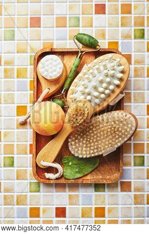 Jars Of Cream For Face And Body Care, Gold Eye Patches And Serum With Gold, Jade Roller Massager Gau