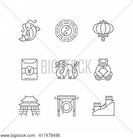 Oriental Culture Linear Icons Set. Koi Fish. Bagua, Hong Bao. Loong Dragon. Lunar New Year Tradition