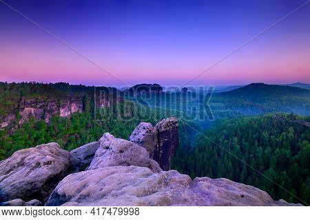 Pink Sunrise Blue Hour At National Park Saxon Switzerland