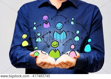 Communications And Social Network Concept With Man Opened Palms And Vistual Handwritten Colorful Ske