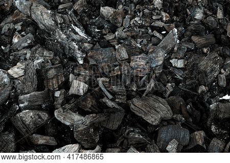 Grill Charcoal Top View. Bbq Coal Texture, Dark Wood Barbeque Briquettes. Campfire Fireplace With Br