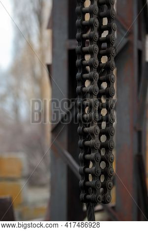 Abstract Chain Closeup, Heavy Metal Construction. Old Crane Strong Chains In Marine Dock. Industrial