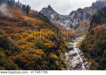 Ayder Plateau Natural Gelintulu Waterfall Surrounded By Autumn Colors Near Rize, Turkey.