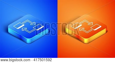 Isometric Online Working Icon Isolated On Blue And Orange Background. Freelancer Man Working On Lapt