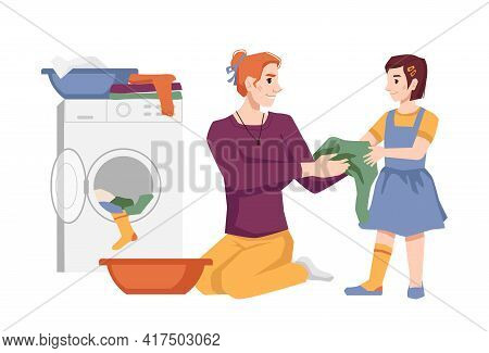 Woman With Her Daughter Washes Clothes, Puts Apparel Into Washing Machine, Laundry House Chores. Mot