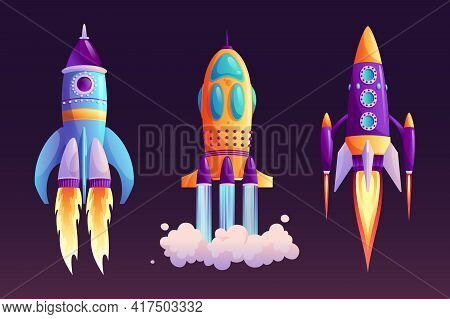 Space Ship Launch, Rocket With Fire Trace And Smoke Isolated Cartoon Set. Start Of Business Or New P