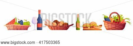 Wicked Baskets With Food And Drinks Isolated. Fruits And Vegetables, Wine Glass And Beer, Bakery Bre