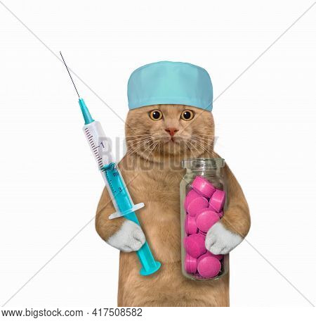 A Reddish Cat Doctor In A Medical Hat Holds A Bottle Of Pink Pills And A Syringe. White Background. 