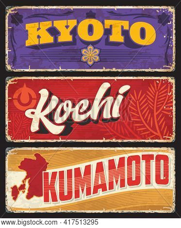 Kyoto, Kochi And Kumamoto Vector Plates, Japan Prefecture Metal Signs. Japanese Region Retro Plates 
