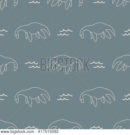 Seamless Background Plesiosaurus Dinosaur With Wave Gender Neutral Baby Pattern. Simple Whimsical Mi