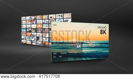8k Resolution Display With Comparison Of Resolutions. Tv Screen Panel Conceptual Graphic