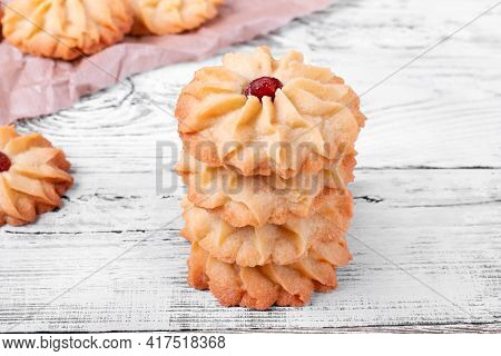 Kurabiye Cookies On The White Wooden Table. Azerbaijan Cuisine Pastry