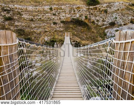 Impressive Hanging Bridge Over Gravina Canyon In Murgia National Park, Matera, Italy