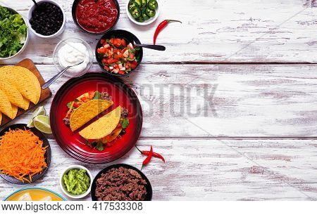Taco Bar Side Border With Assorted Ingredients. Top View On A Rustic White Wood Background. Mexican 