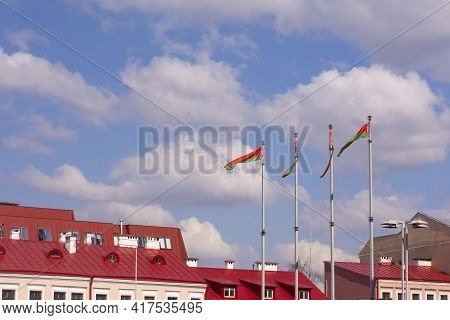 Red Roofs Against The Blue Sky, City Center In Minsk, Belarus