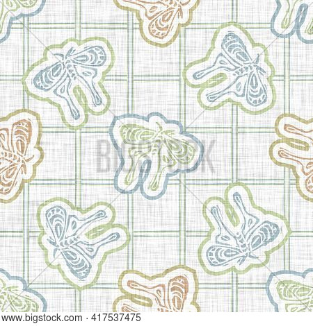 Seamless Linen Butterfly Blockprint Pattern Background. Calm Pale Tonal Pastel Color Wallpaper. Simp