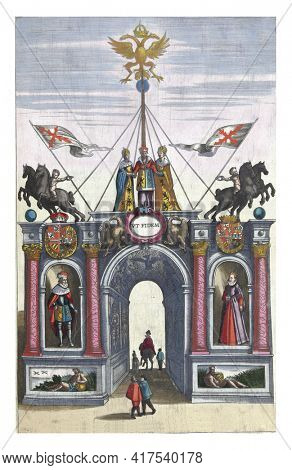 Triumphal Gate of the Fugger Family, December 1599, vintage engraving.