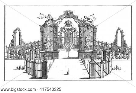 Framework with the fireworks on the Grote Markt in Vlissingen, vintage engraving.
