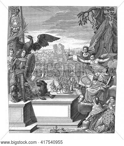 Capture of Douai, 1710, vintage engraving.